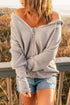 Zipper V-Neck Dropped Sleeve Hooded Solid Sweater